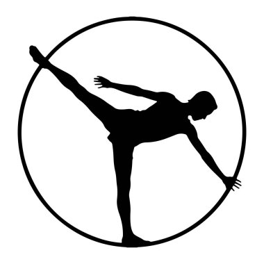 Siyah bir çemberin içinde dinamik bir şekilde duran bir kişinin siyah silueti. Kişinin bir bacağı yukarı ve geriye doğru uzanan bir bacağı vardır. Kolları açık, tek elleri çembere dokunuyor. Siluet yine sönük.