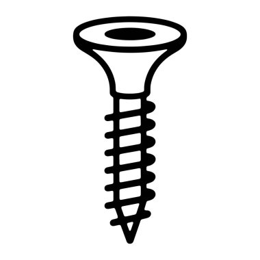 Bir vidanın basit siyah beyaz çizimi. Vidanın ortasında dairesel bir açıklık olan alevlenmiş, ters batmış bir kafası var. Vidanın şaftı belirgin bir spiral iplik deseni içeriyor, sivri uçlu ucu inceltiyor. Genel tasarım Clea 'dır