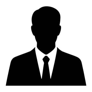 Siyah bir siluet, beyaz bir arka plana karşı resmi takım elbise giyen ve kravat takan bir adam. Görüntü bireyin üst gövdesini, bir gömleğin yakasını, düğümlü bir kravatı ve bir ceketin yakalarını göstermektedir. Siluet temiz ve keskin, temsilci.