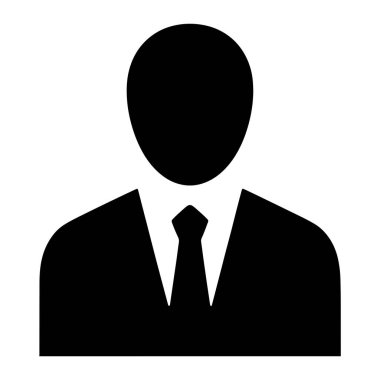 Bir kişinin basit siyah silueti omuzlarından yukarıya doğru tasvir edilir. Bu figür resmi bir takım elbise, yakalı bir gömlek ve kravat takıyor. Arkaplan düz beyaz, siyah grafikle tam bir kontrast oluşturuyor. Görüntü temiz, minimalist.