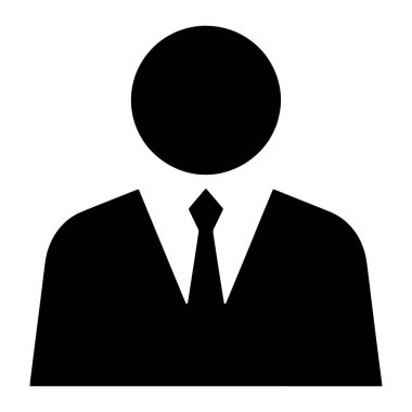 Minimalist siyah bir siluet, bir insanı omuzlarından yukarı doğru tasvir eder. Beyaz yakalı ve siyah kravatlı resmi bir takım elbise giyiyor. Baş, koyu siyah bir daire ile temsil edilir. Görüntü net ve net, siyah figürlü.
