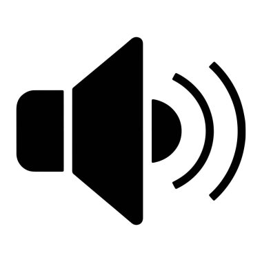 Basit bir siyah grafik simgesi, içinden ses dalgalarını gösteren üç eğri çizgili bir hoparlörü temsil ediyor. Simge düz beyaz arkaplana göre ayarlanmış. Hoparlör şekli, solunda yuvarlak bir köşe ve yarı cir olan bir trapezoid.