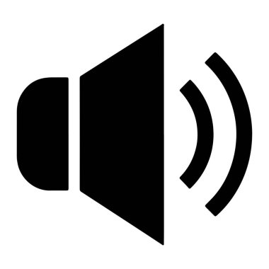 Beyaz arka planda bir hoparlör külahının siyah silueti tasvir edilir. Hoparlörün sağında, üç kıvrımlı siyah çizgi ses çıkışını veya hacmini gösteren dışa doğru yayılan ses dalgalarını temsil eder. Genel tasarım minimalist ve ikoniktir..