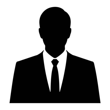 Resmi bir takım elbise ve kravat takan siyah bir siluet. Görüntü üst vücuda odaklanıyor, başı, omuzları, takım elbise ceketi, gömlek yakası ve kravatı gösteriyor. Arkaplan düz beyaz.