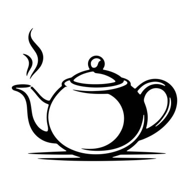 Kapı kolu ve kapağı olan bir çaydanlığın siyah beyaz çizimi. Ağızdan çıkan buhar zerreleri içerideki içeceğin sıcak olduğunu gösteriyor. Çaydanlık, beyaz bir arkaplanda izole edilmiş basit, grafik bir şekilde tasvir edilir..