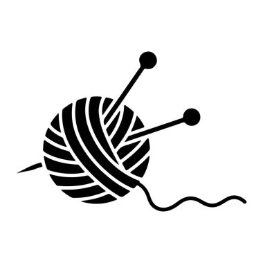 İçine iki örgü iğnesi sokulmuş bir iplik yumağının siyah silueti. Bir iplik yumağı toptan sağa doğru gidiyor. Görüntü örgü malzemelerinin basit bir grafik temsili..