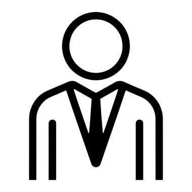 Bir iş adamını temsil eden basit bir siyah beyaz grafik ikonu. İkonda dairesel bir kafa, kravatlı yakalı bir gömlek ve omuzları ve kolları olan bir ceket yer alıyor. Tasarım temiz ve minimalist, beyaz bir grupta koyu siyah çizgiler var.