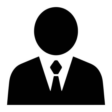 Beyaz arka planda takım elbise giyen ve kravat takan siyah bir siluet. Şeklin dairesel bir kafası, yakalı bir gömleği ve elmas şeklinde bir kravatı vardır. Görüntü, bir iş adamının basit ve temiz bir grafik sunumudur.