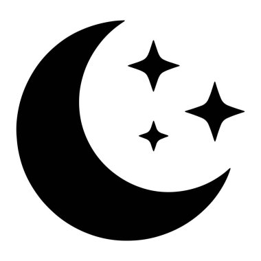 Basit bir grafik çizimi, beyaz arka planda siyah hilal şeklindeki bir ayı içerir. Üç siyah dört köşeli yıldız aya yakın bir yerde parlıyor ya da parlıyor gibi görünüyor. Genel kompozisyonu minimalist ve sembolik. 