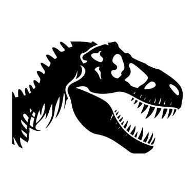 Beyaz arka planda bir dinozor kafatasının siyah silueti tasvir edilir. Kafatası profilde, ağzı açık, keskin dişleri ortaya koyuyor. Siluet, göz çukurları ve çene hattı da dahil olmak üzere, kafanın kemikli yapısını vurgular..