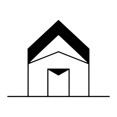 Bir minimalist siyah beyaz çizim stilize edilmiş bir ev şeklini tasvir eder. Yapıda keskin bir zirvesi olan belirgin siyah üçgen bir çatı yer alıyor. Çatının altında, ev siyahla çizilmiş, içinde daha küçük bir siyah bulunan merkezi bir bölüm var.