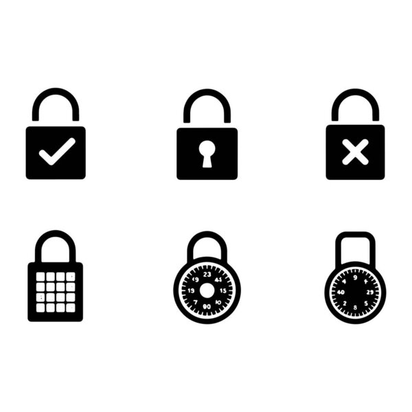 Коллекция из шести черных икон силуэта висячих замков, расположенных в два ряда. Верхний ряд имеет три замка: один с галочкой внутри квадрата, один с замочной скважины, и один с крестиком внутри квадрата. Нижний ряд отображает три различных