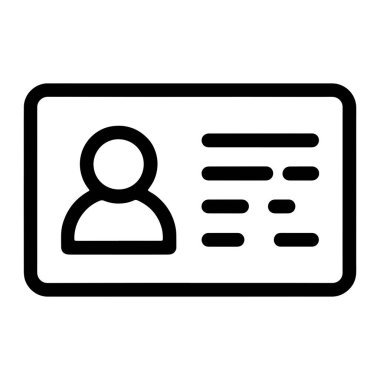 Bir kimlik kartının basit bir siyah özet simgesi beyaz bir arkaplanda görüntülenir. Kart köşeleri yuvarlamıştı. Kartın sol tarafında bir profil resmini ya da bir kişinin siluetini temsil eden dairesel bir şekil var. Sağa.