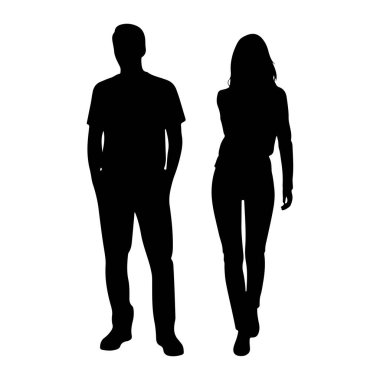 Beyaz arka planda yan yana duran bir erkek ve bir kadının tam vücut silueti. Soldaki adam tişört giyiyor ve elleri cebinde kot pantolon giyiyor. Kadın sağda, bluz ve kot pantolon giyiyor, bir eli onun yanında.