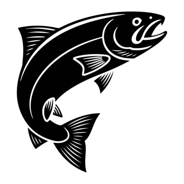 Ağzı açık yukarı sıçrayan bir somonun stilize edilmiş siyah silueti. Balıkların ayrıntılı yüzgeçleri ve beyaz arka planda temiz çizgilerle betimlenmiş bir kuyruğu vardır. İllüstrasyon bir hareket ve enerji hissi veriyor..