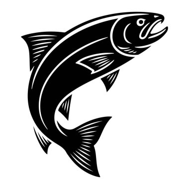 Beyaz arka plana doğru sıçrayan bir somon balığının stilize edilmiş siyah silueti. Balık, ağzı açık ve kuyruk yüzgeci açık bir şekilde havada tasvir edilir ve güçlü hareketini gösterir. Vücut pürüzsüz ve pürüzsüz, ayrıntılı yüzgeçleri ve pullarıyla