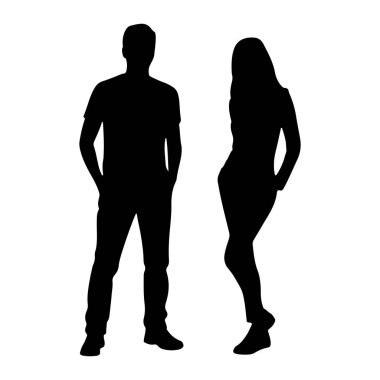 Siyah bir adam silueti elleri ceplerinde, ileri doğru bakıyor. Sağında, elleri ceplerinde, hafifçe yana bakan siyah bir kadın silueti duruyor. Her iki figür de beyaz bir arkaplanda izole edilmiş..