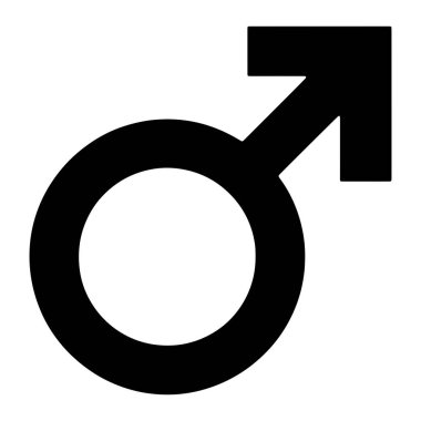 Açık bir siyah erkek sembolü beyaz arka planda belirgin bir şekilde sergilenir. Sembol, sağ üstten çapraz şekilli bir daireden oluşuyor. Mars gezegenini ve erkek cinsiyetini temsil ediyor. Grafik basit ve izole.