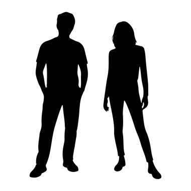 Bu görüntü beyaz arka planda duran bir erkek ve kadının siyah siluetlerini gösteriyor. Adam solda, elleri cebinde. - Ne? Kadın sağda, kolları yanlara doğru gevşemiş. Her iki figür de kafadan resmedilmiş.