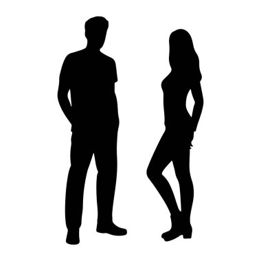 Solda elleri cebinde duran siyah bir adam silueti var. Sağında, elleri arkasında duran siyah siluet bir kadın var. Her iki figür de beyaz bir arkaplanda izole edilmiş..