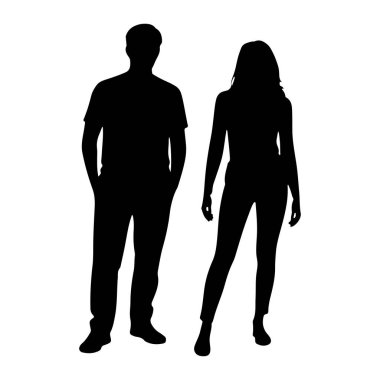 Bu beyaz arka planda yan yana duran bir erkek ve bir kadının siyah silueti. Adam solda, elleri cebinde bir tişört ve pantolon giyiyor. Kadın sağda, tişört ve dar pantolon giyiyor.. 