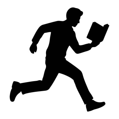 Hareket halindeki bir adamın siyah silueti sol elinde açık bir kitapla ileri doğru koşuyor. Adam, kolları bükük ve bacakları açık bir şekilde orta basamakta tasvir ediliyor. Arka plan bembeyaz..