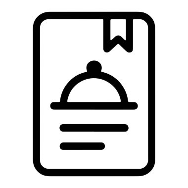 Beyaz arkaplandaki bir siyah taslak simgesi yuvarlak köşeli ve yer imi sekmeli bir belge tasvir eder. Belgede, yiyecekleri ve altındaki iki yatay çizgiyi temsil eden örtülü bir yemeğin stilize edilmiş bir görüntüsü yer alıyor. Ov!