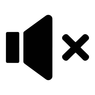 Üzerinde haç olan siyah bir hoparlör simgesi beyaz bir arkaplanda sergilenir. Hoparlör sembolü yuvarlak köşeli bir trapezoid şekildir ve haç da basit bir X şeklidir. Genel dizayn minimalist ve yassı, mü 'yü göstermek için kullanılır.