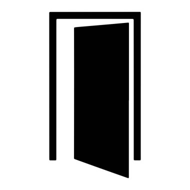 Beyaz arka planda açık bir kapının minimalist siyah silueti. Kapı girişi basit bir dikdörtgen çerçeve ve aralık olan koyu siyah bir kapı ile betimlenir, beyaz bir boşluğu ortaya çıkarır. Çizgiler temiz ve kalın, bir kesim yaratıyor.