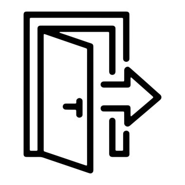 Açık bir kapıyı tasvir eden siyah ve beyaz bir grafik ikonu stilize edilmiş bir ok sağ tarafı işaret ediyor, bir çıkış ya da geçidi gösteriyor. Çizgiler kalın ve yuvarlaktır, temiz ve modern bir tasarım yaratır..