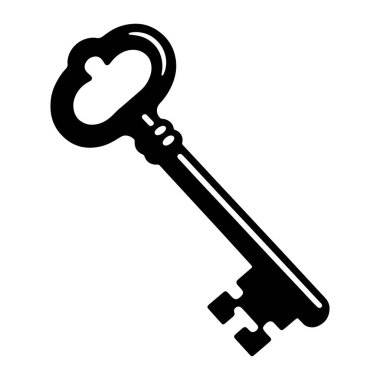 Süslü bir antika anahtarın siyah silueti beyaz arka planda sergileniyor. Anahtar, kalp şeklinde bir açıklık ve karmaşık detay içeren dekoratif bir yay, iki oval şekilli ince bir kuyu ve doğrusal bir girinti ve biraz da 