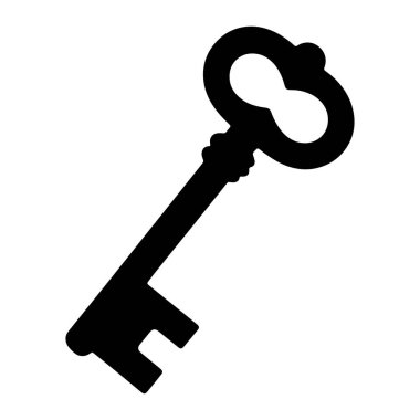 Antika bir anahtarın siyah silueti düz beyaz bir arka planda sergilenir. Anahtar, kendine özgü şekilli süslü bir yay, dekoratif bir şaft ve biraz da klasik kesikli bir fiyonk içeriyor. Genel tasarım basit ve grafiktir. 