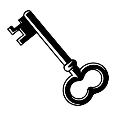 Süslü bir antika anahtarın siyah silueti beyaz arka planda sergileniyor. Anahtar, iki düğümlü dekoratif bir yay ve birden fazla dişle ucu ucuna çıkan uzun bir şaft içeriyor. Anahtarın ana hatları kalın ve kalın, beyaz kenarlı.