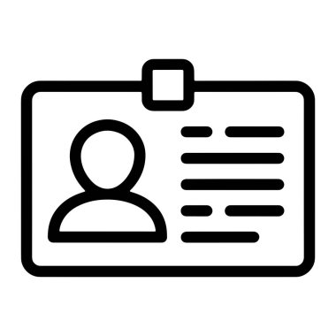 Bir kimlik kartının siyah ana hatlı simgesi beyaz bir arkaplanda görüntülenir. Kart yuvarlak köşeli dikdörtgen ve üstünde bir şarjör var. Kartın sol tarafında, bir kişinin kafasını temsil eden dairesel bir simge var.