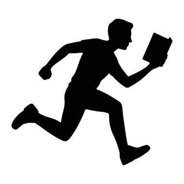 Bir kişinin siyah silueti, ileri doğru koşan bir adımla tasvir edilir. Bireyin sağ elinde açık bir kitap var, hareket halindeyken okuyor gibi görünüyor. Siluet, dinamiği vurgulayan düz beyaz bir arkaplan üzerine kuruludur. 
