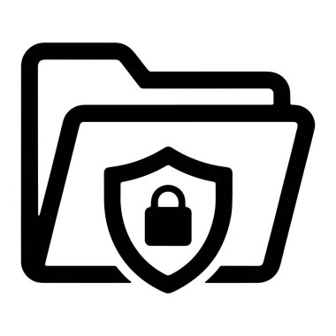 Siyah bir taslak simgesi, önünde bir kalkan olan bir klasörü tasvir eder. Kalkanda siyah bir asma kilit sembolü var. Bu da klasörün içeriğinin korunduğunu gösteriyor. Simge düz beyaz arkaplana göre ayarlanır.