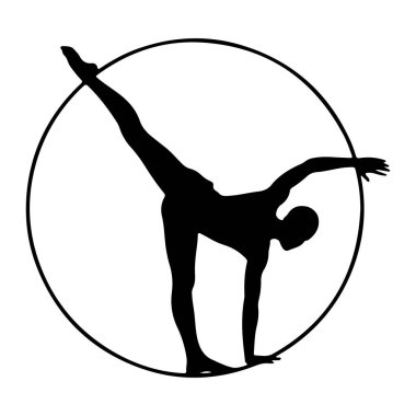 Dinamik dans pozu veren bir kişinin siyah silueti siyah bir çemberin içinde beyaz bir arkaplana bağlıdır. Dansçı bir bacağının üzerinde dengede durur ve diğer bacağı yukarı ve geriye doğru uzanır. Bir kolu yukarı ve geriye doğru uzanıyor.