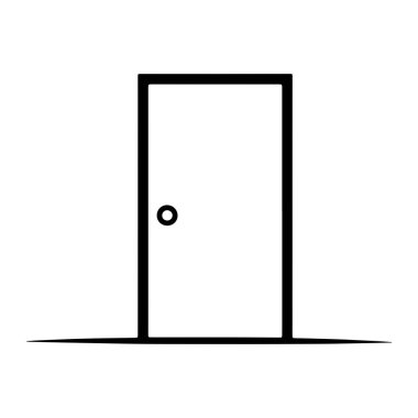 Basit, kapalı bir kapının minimalist grafik çizimi. Kapı düz beyaz bir arka plana karşı kalın siyah bir dış hatla tasvir edilir. Sol tarafında tek, küçük, dairesel siyah bir düğmesi var. Kapının altı bir saat boyunca dinleniyor.