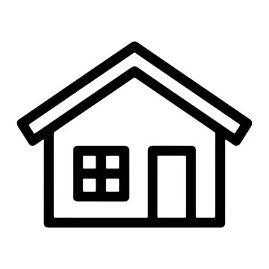 Beyaz arka planda bir evin basit bir siyah çizgisi tasvir edilir. Evin eğimli bir çatısı, ön cephenin sağ tarafında dikdörtgen bir kapısı ve sol tarafında dört penceresi olan kare bir penceresi var. Çizgiler kalın ve kalın.