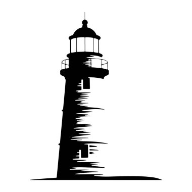 Uzun, klasik bir deniz fenerinin siyah silueti beyaz arka planda duruyor. Deniz fenerinin kendine özgü, düzensiz kenarı olan silindirik bir kulesi vardır. Bu da stilize edilmiş ya da yıpranmış bir görünüm izlenimi verir. Zirvede,