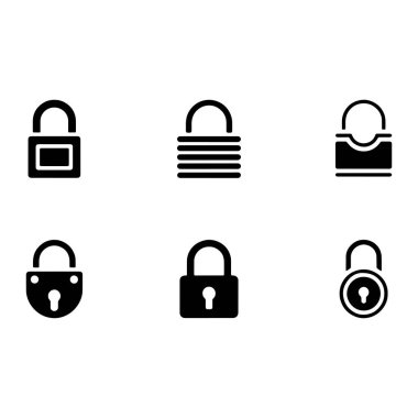 Beyaz arka planda altı siyah asma kilit ikonundan oluşan bir koleksiyon sergileniyor. Simgeler, klasik prangalı kilit, katmanlı kilit, prangalı aralık bir kilit, Tw ile klasik tarzda asma kilit gibi farklı biçimlerde asma kilit içeriyor.