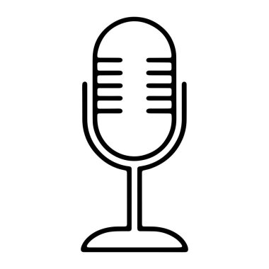 Beyaz arka planda klasik tarzda bir mikrofonun basit bir siyah taslağı. Mikrofonun üzerinde yatay çizgiler, ince bir gövde ve alevli bir taban bulunur. Tasarım temiz ve minimalist, klasik bir...