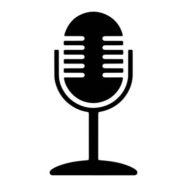 Eski bir mikrofonun siyah silueti beyaz arka planda tasvir edilir. Mikrofonun, ızgarayı temsil eden yatay çizgileri olan oval şekilli bir kafası var ve ince bir gövde ve dairesel bir taban tarafından destekleniyor. Genel olarak.