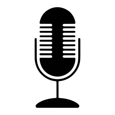 Eski bir mikrofonun siyah silueti beyaz arka planda duruyor. Mikrofonda yatay yuvaları ve ince bir gövde tarafından desteklenen kavisli tabanı olan yuvarlak bir kapak yer alıyor. Tasarım temiz ve sembolik, ses yakalama ve...