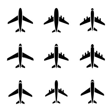 Beyaz arka planda dokuz adet siyah siluet uçak ikonu sergileniyor. Uçaklar, çeşitli kanat ve motor dizaynları ve konfigürasyonları sergileyen genel bir perspektiften resmedilmiştir. Bazılarının iki motoru var.