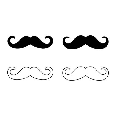 Görüntü beyaz arkaplanda dört bıyık simgesi gösteriyor. Üst satırda iki tane siyah bıyıklı siluet var, alt satırda ise aynı bıyık tasarımının iki ana hatlı versiyonu var. Bütün bıyıkların kıvrımlı, klasik bir şekli vardır.