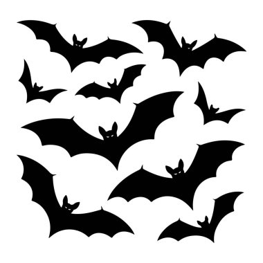 Siyah yarasa siluetleri beyaz arka planda dağılmış durumda. Yarasalar çeşitli uçan pozlarda tasvir edilir, kanatları genişçe açılır. Bazı yarasaların görünür kulakları ve parlayan gözleri vardır. Ürkütücü görünüşlerine katkıda bulunurlar. Genel olarak.