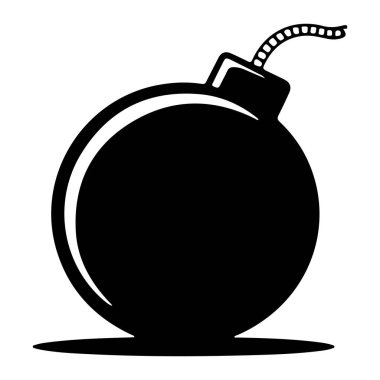Fitili yuvarlak bir bombanın siyah silueti beyaz arka planda tasvir edilir. Bombanın pürüzsüz, kıvrımlı bir yüzeyi ve kalın bir çizgisi var. Parçalı bir fitil bombanın tepesinden yukarıya ve sağa doğru kıvrılarak uzanıyor. Bomba patlıyor.