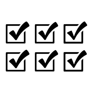 Her biri siyah kare bir hatla çevrili altı siyah işaretli bir grafik tasarımı. Kontrol işaretleri, beyaz arkaplan ile üç satırlık iki satıra yerleştirilmiş. Genel biçim basit ve temizdir, tamamlanma hissi veya selec iletilir