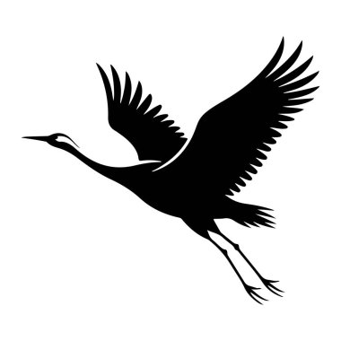 Uçuşun ortasında beyaz bir arka planda siyah bir vinç silueti. Kuş, uzun boynu ileri ve gagası sivri olarak profilden tasvir edilir. Kanatları tamamen yayılmış, ayrıntılı tüy desenlerini gösteriyor. Vinç...